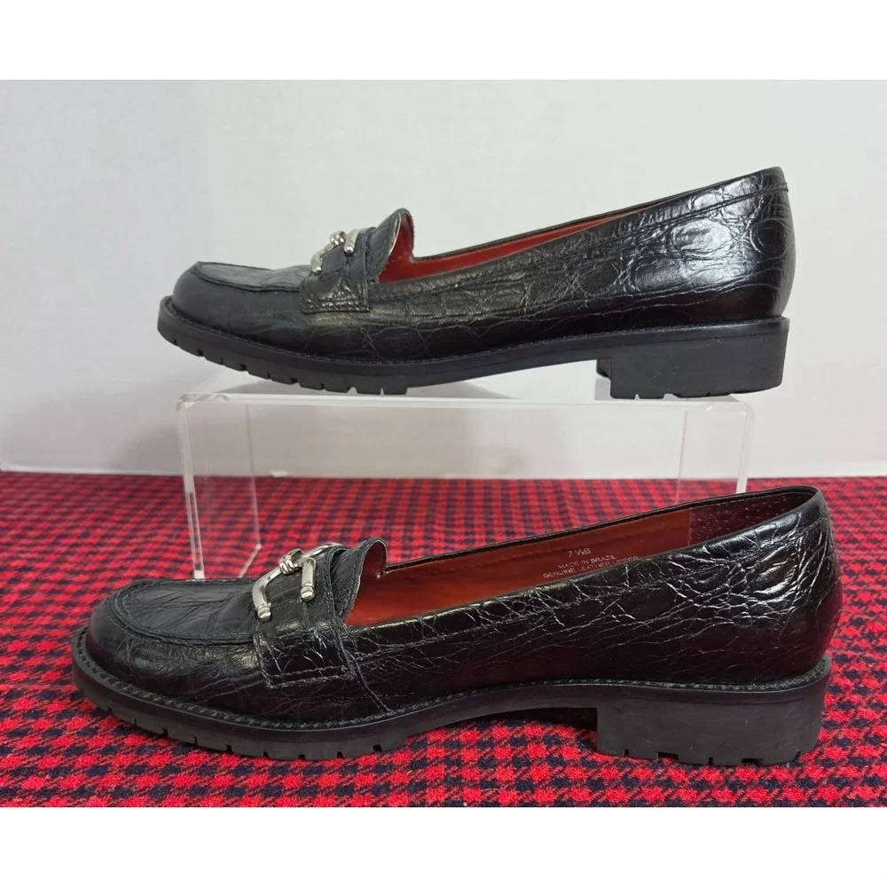 Talbots Croc Embossed Black leather Loafers w/ Metal Horsebit Buckle Wom 7.5B